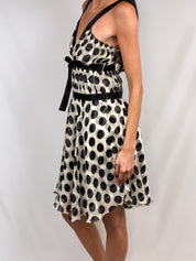 Patrizia Pepe Firenze 2000s Black and Ivory Silk Polka Dot Ruffle Bust Midi Dress - S/M