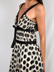 Patrizia Pepe Firenze 2000s Black and Ivory Silk Polka Dot Ruffle Bust Midi Dress - S/M