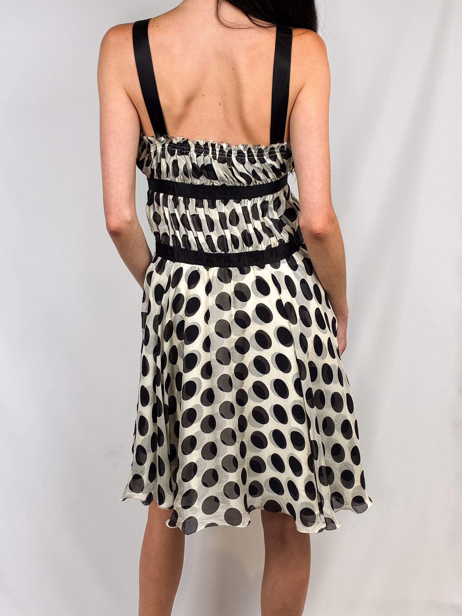 Patrizia Pepe Firenze 2000s Black and Ivory Silk Polka Dot Ruffle Bust Midi Dress - S/M