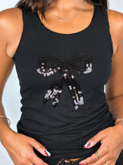 Chantal Thomass 2000s Black Sequin Ribbon Tank Top - S/M