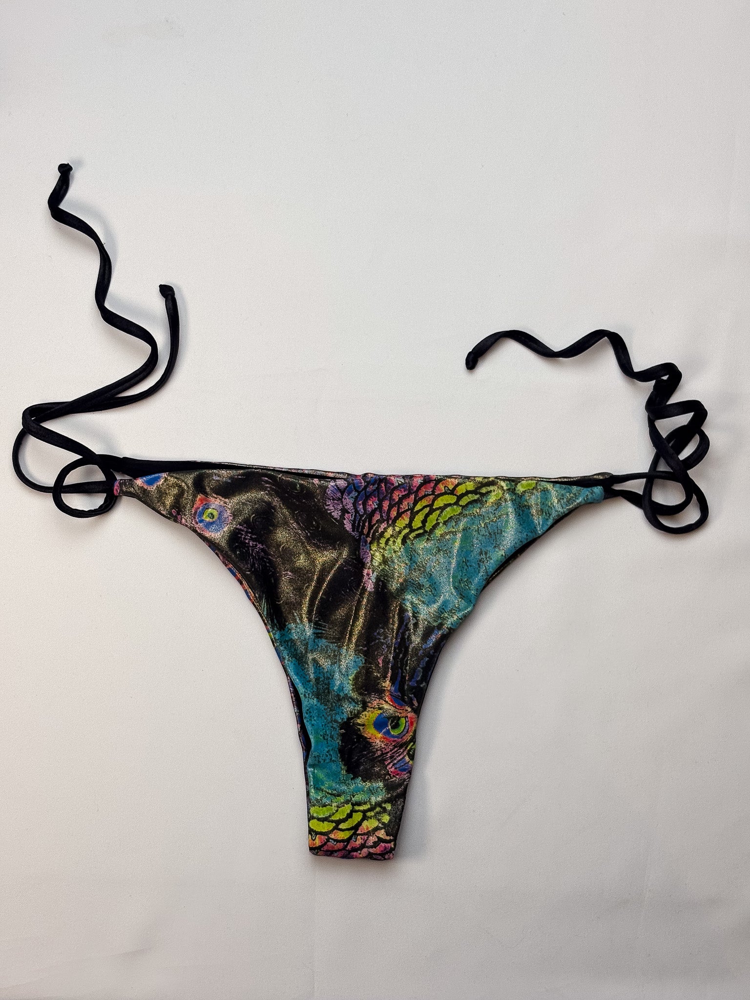 2000s Metallic Peacock Print Fringe Bikini Set - S