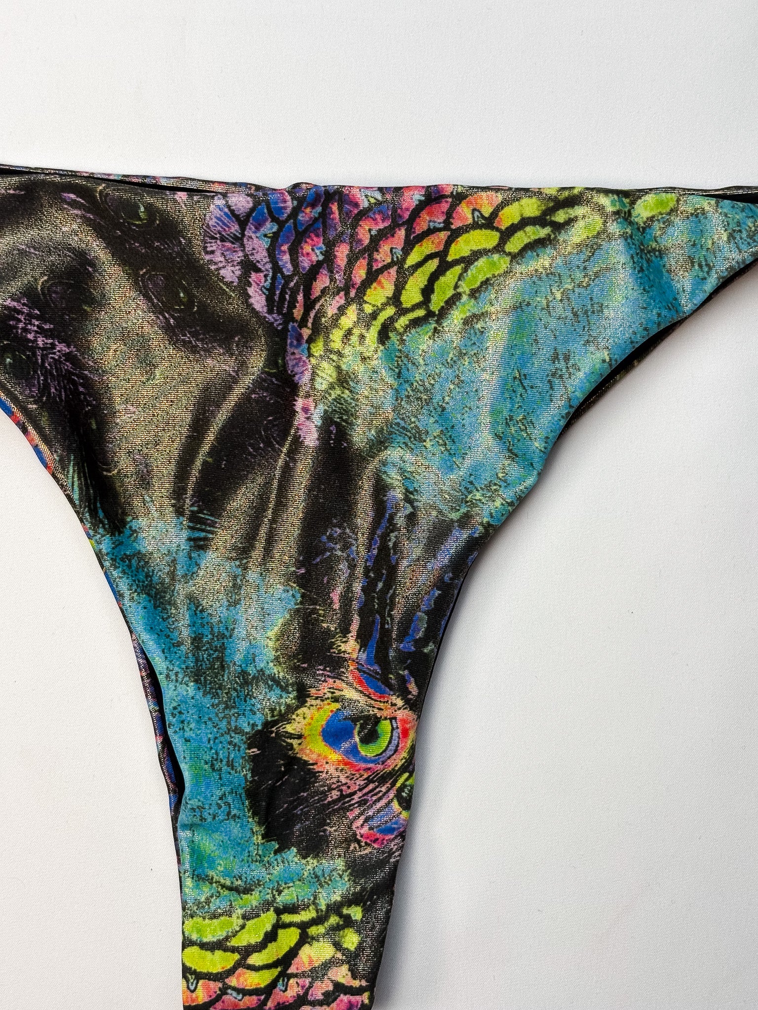 2000s Metallic Peacock Print Fringe Bikini Set - S