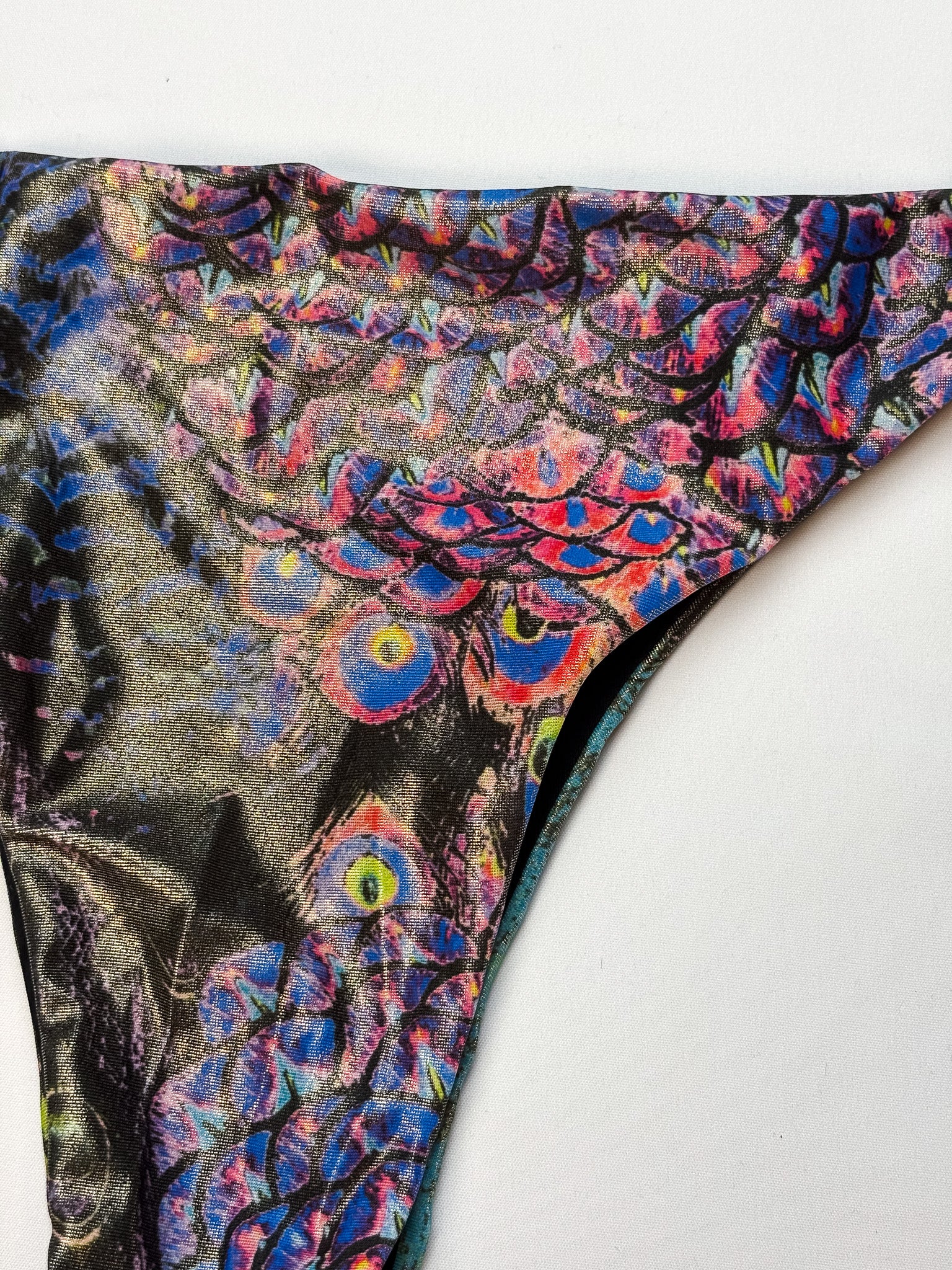 2000s Metallic Peacock Print Fringe Bikini Set - S
