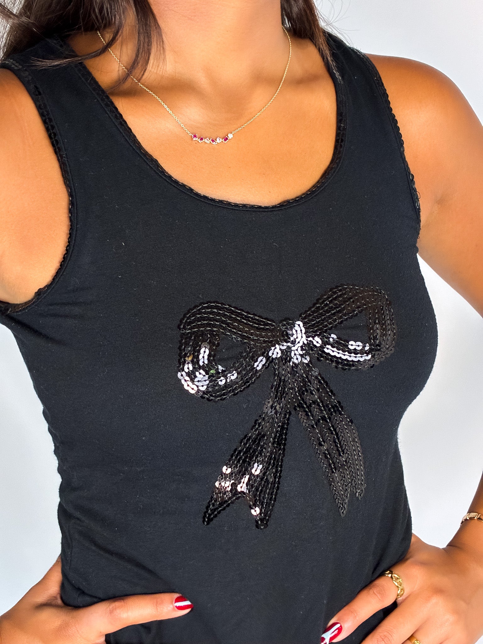 Chantal Thomass 2000s Black Sequin Ribbon Tank Top - S/M