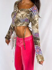 Voyage 1990s Photo Collage Kilim Print Fringe Bell Sleeve Top - XS/S