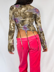 Voyage 1990s Photo Collage Kilim Print Fringe Bell Sleeve Top - XS/S