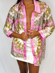 Luisa Spagnoli 2000s Pink and Gold Baroque Print Silk Shirt - M/L