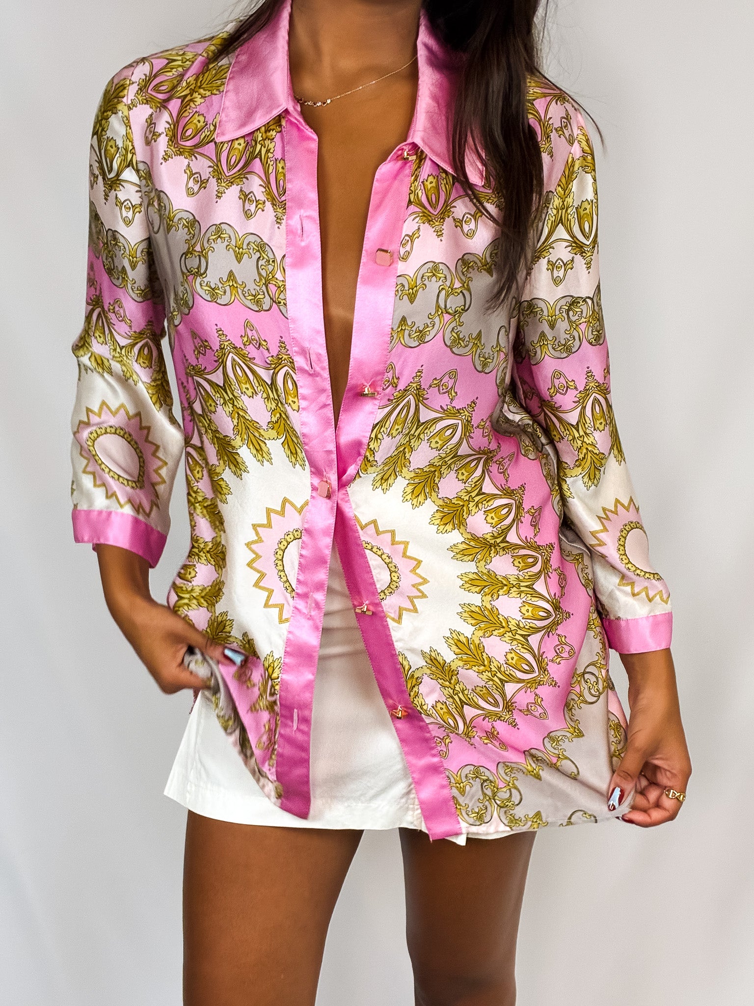 Luisa Spagnoli 2000s Pink and Gold Baroque Print Silk Shirt - M/L