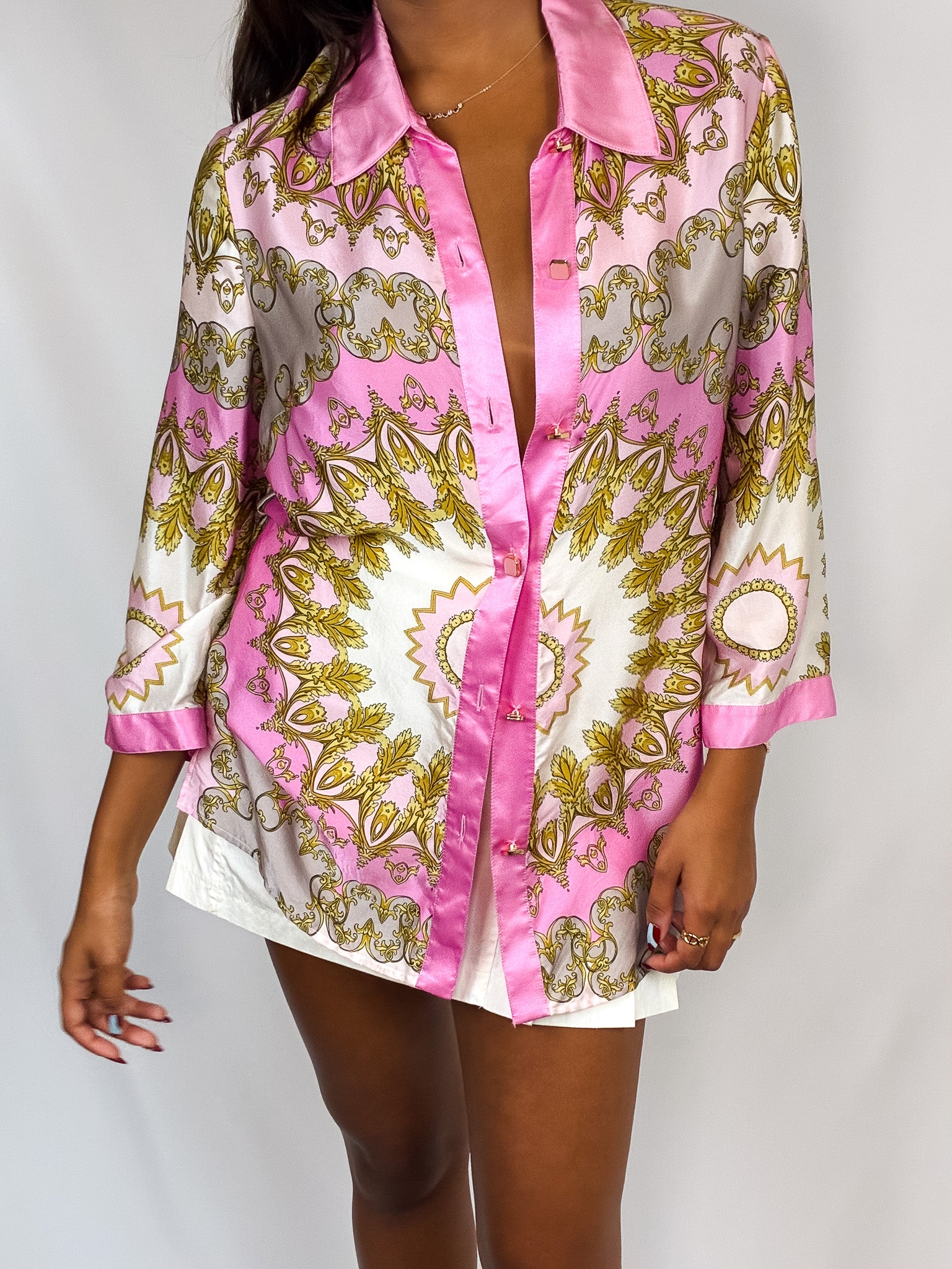 Luisa Spagnoli 2000s Pink and Gold Baroque Print Silk Shirt - M/L