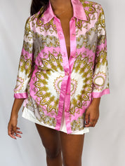Luisa Spagnoli 2000s Pink and Gold Baroque Print Silk Shirt - M/L