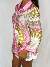 Luisa Spagnoli 2000s Pink and Gold Baroque Print Silk Shirt - M/L