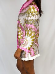 Luisa Spagnoli 2000s Pink and Gold Baroque Print Silk Shirt - M/L