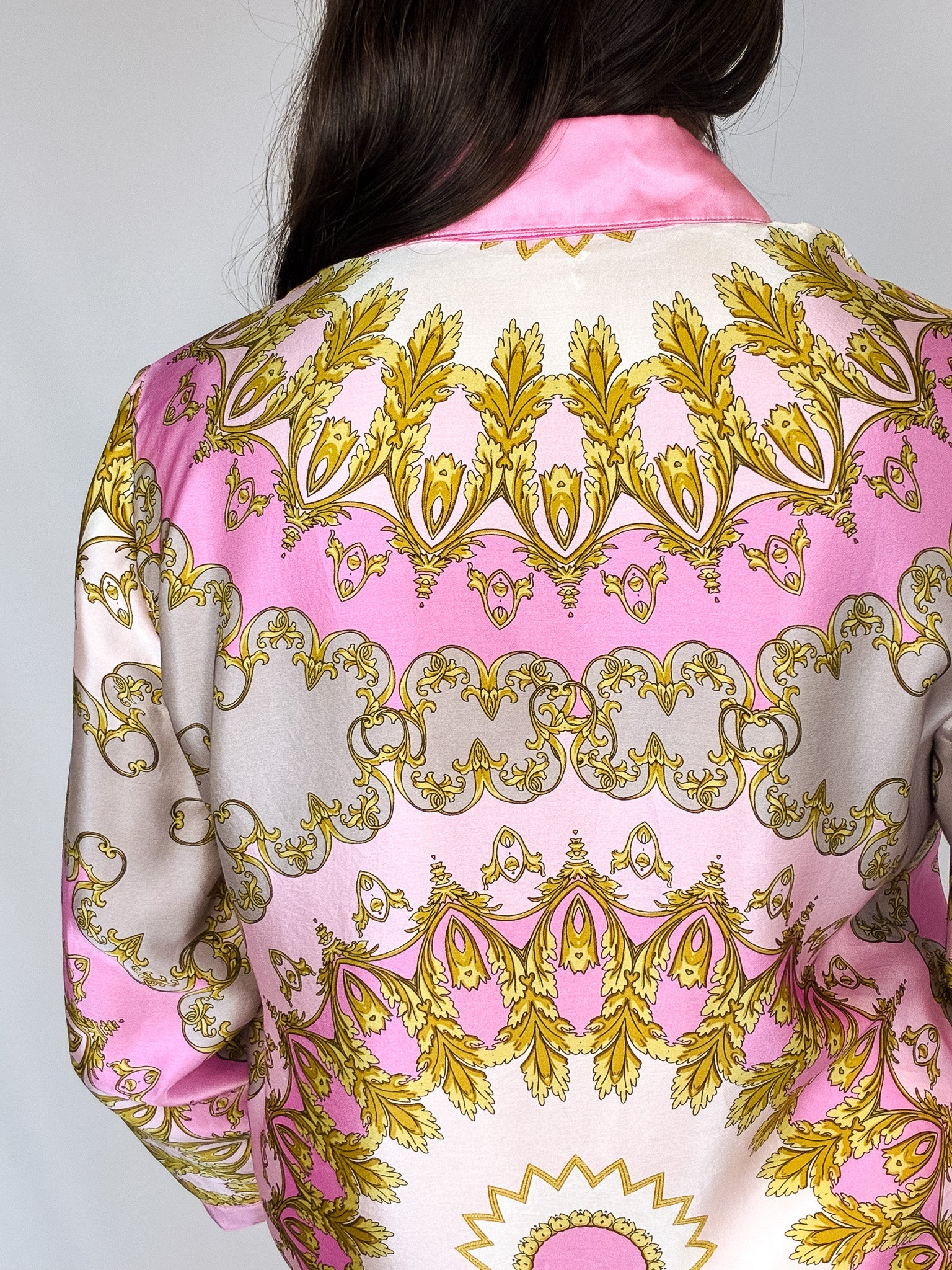Luisa Spagnoli 2000s Pink and Gold Baroque Print Silk Shirt - M/L