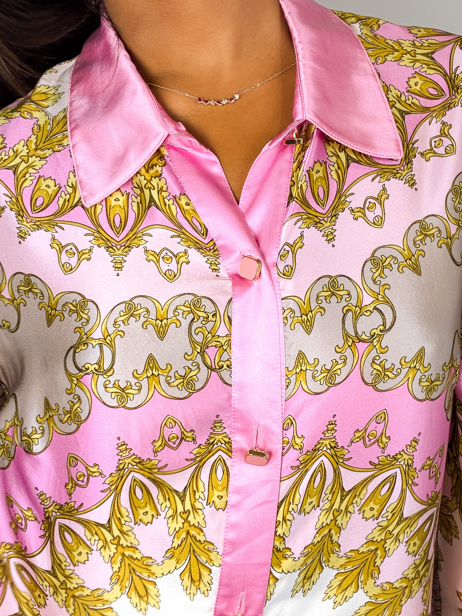 Luisa Spagnoli 2000s Pink and Gold Baroque Print Silk Shirt - M/L