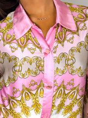 Luisa Spagnoli 2000s Pink and Gold Baroque Print Silk Shirt - M/L