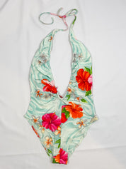 Blumarine 2000s Aqua Hibiscus Print Plunge One-Piece Swimsuit - S/M