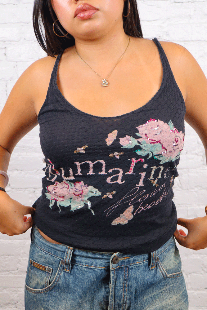 Blumarine Beachwear 2003 Black Mesh Floral Logo Tank