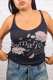 Blumarine Beachwear 2003 Black Mesh Floral Logo Tank