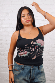 Blumarine Beachwear 2003 Black Mesh Floral Logo Tank