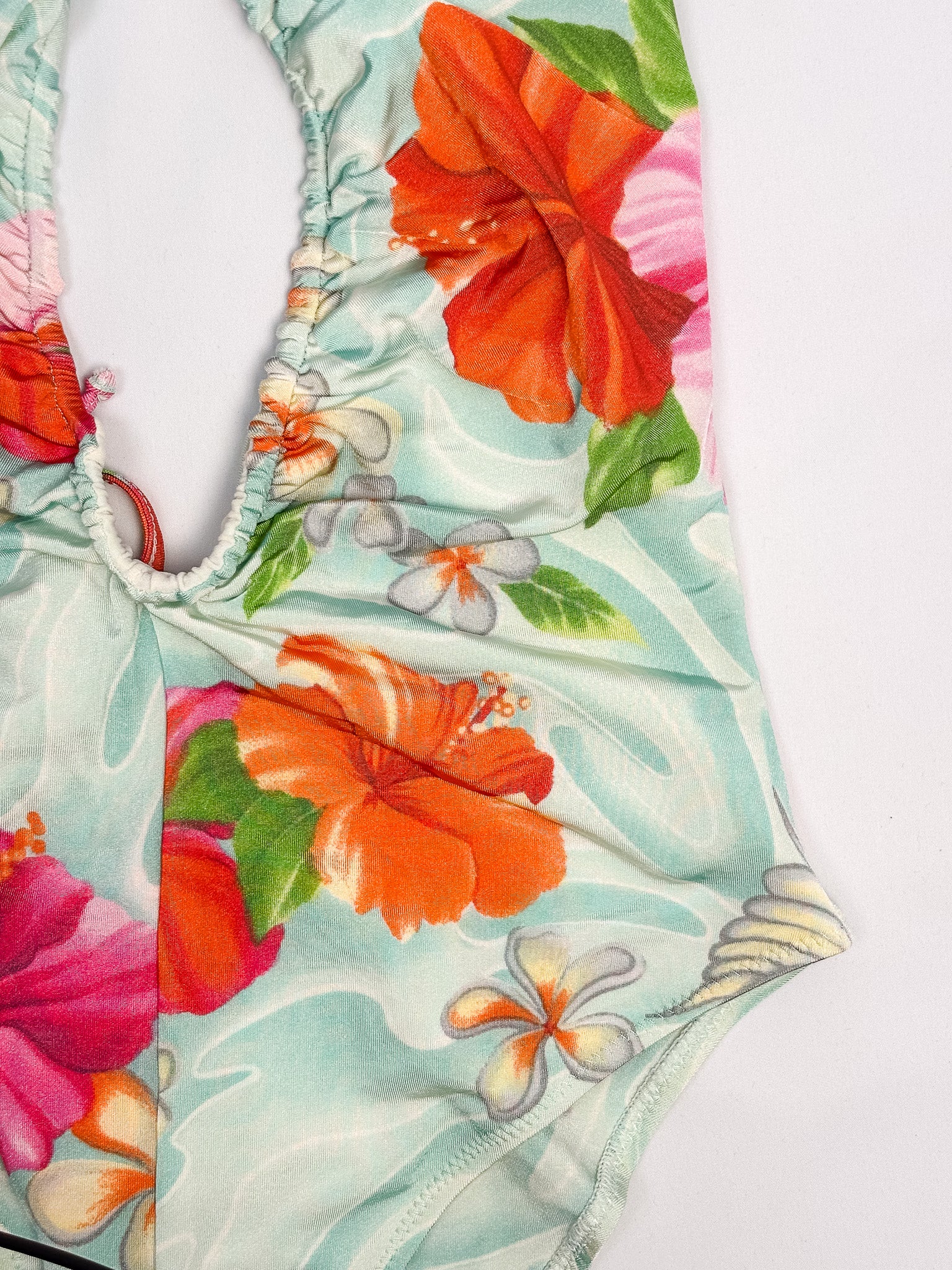 Blumarine 2000s Aqua Hibiscus Print Plunge One-Piece Swimsuit - S/M