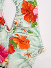 Blumarine 2000s Aqua Hibiscus Print Plunge One-Piece Swimsuit - S/M