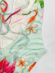Blumarine 2000s Aqua Hibiscus Print Plunge One-Piece Swimsuit - S/M