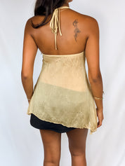 Mayentl 2000s Champagne Beaded Medallion Halter Babydoll Top - XS/S
