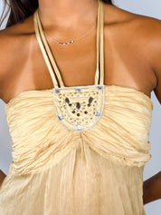 Mayentl 2000s Champagne Beaded Medallion Halter Babydoll Top - XS/S