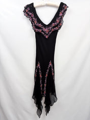 2000s Black Silk Dress with Lilac Glass Beads - XS/S