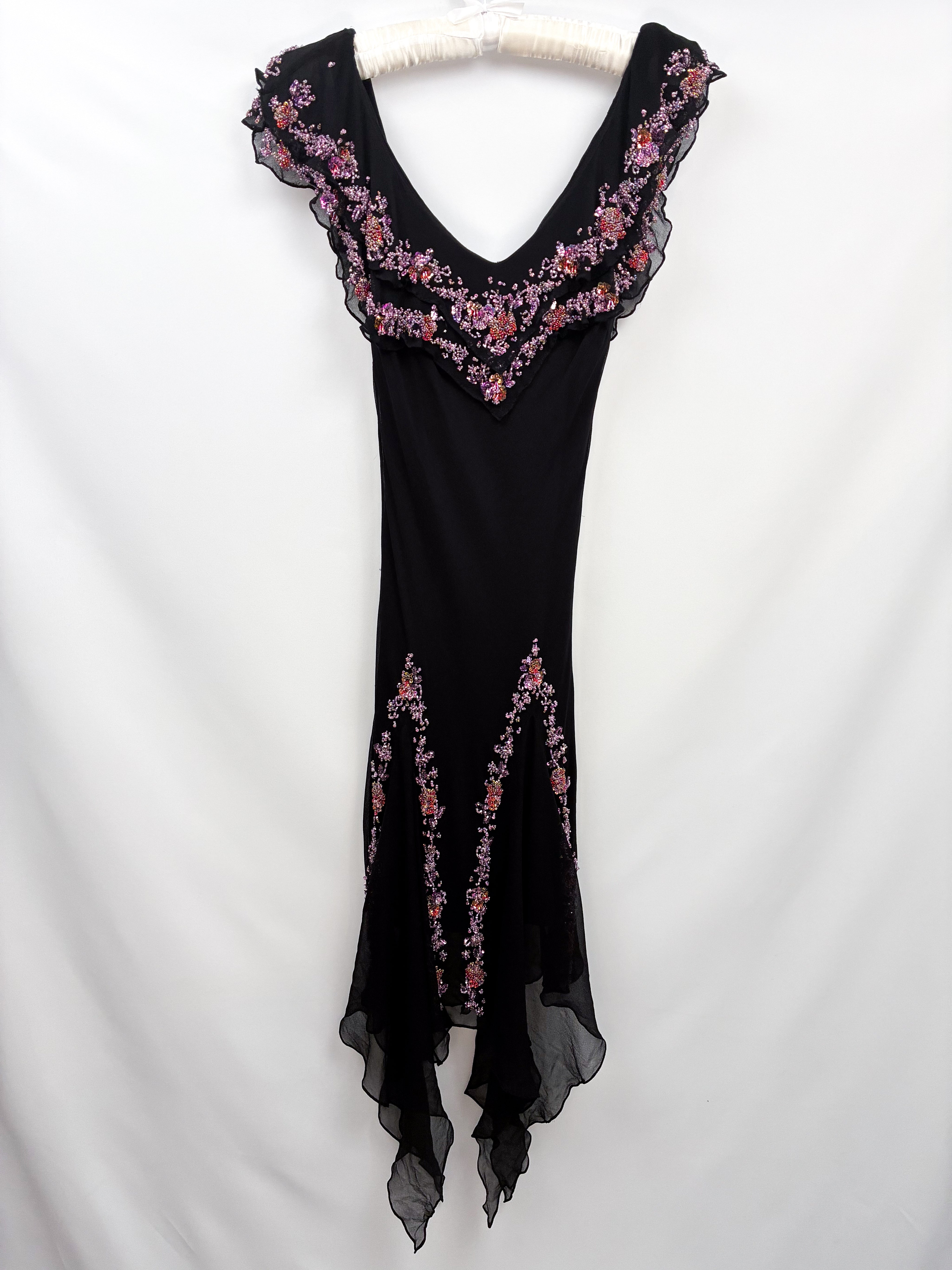 2000s Black Silk Dress with Lilac Glass Beads - XS/S