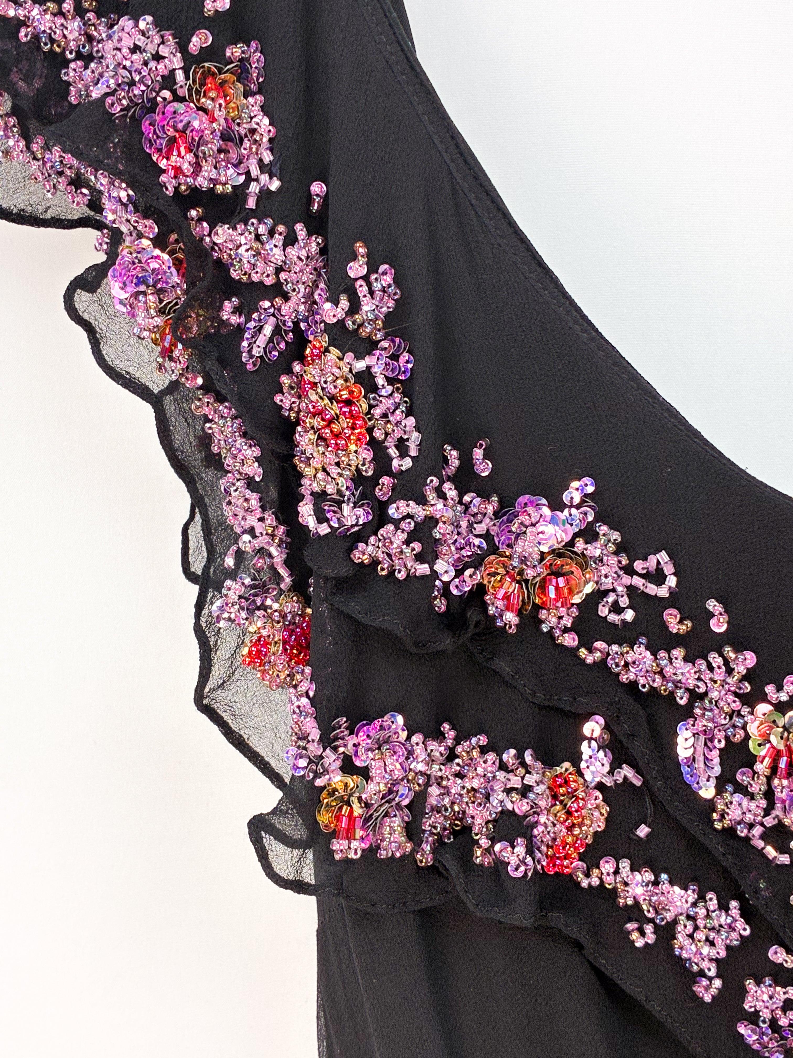 2000s Black Silk Dress with Lilac Glass Beads - XS/S