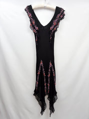 2000s Black Silk Dress with Lilac Glass Beads - XS/S