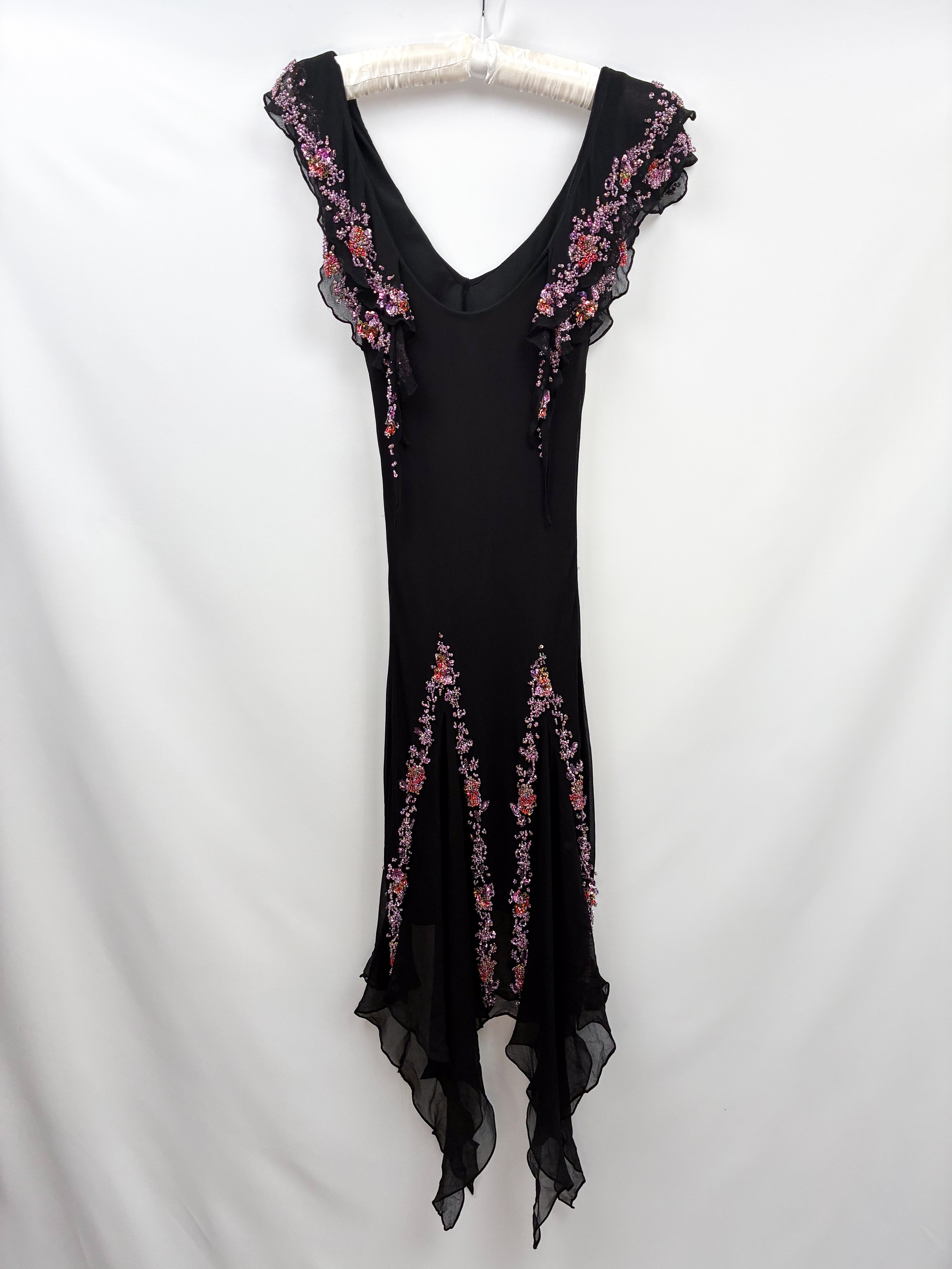2000s Black Silk Dress with Lilac Glass Beads - XS/S