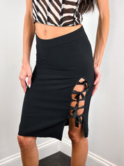 Castellani 2000s Black Ribbon Lace-Up Slit Pencil Skirt - S