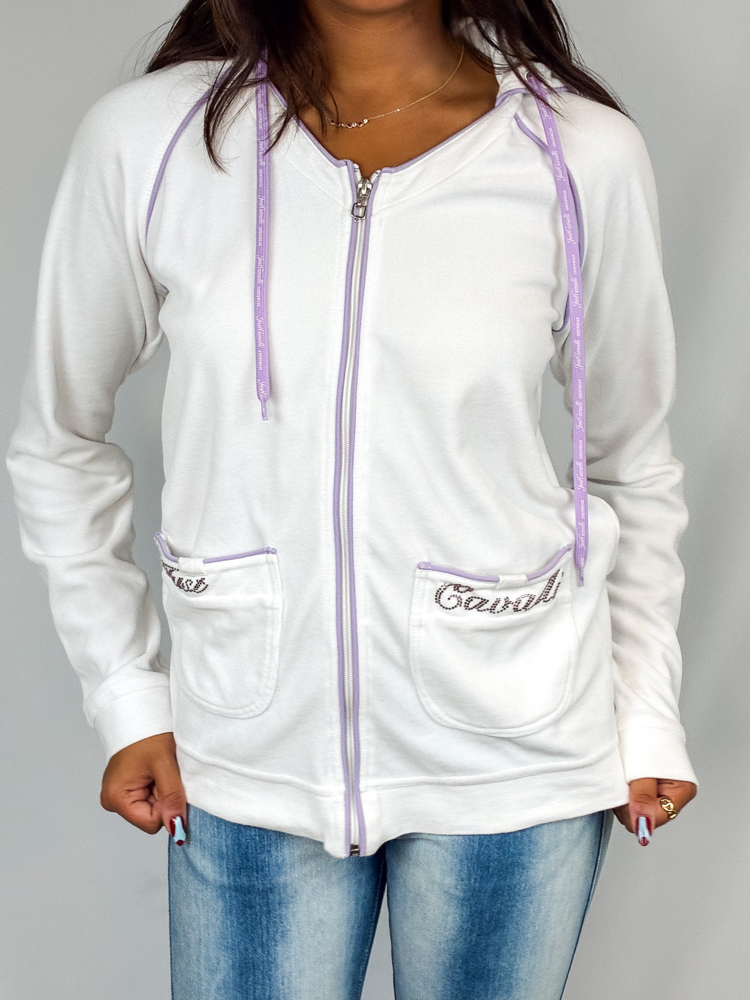 Just Cavalli 2000s White Rhinestone Logo Zip Hoodie - S