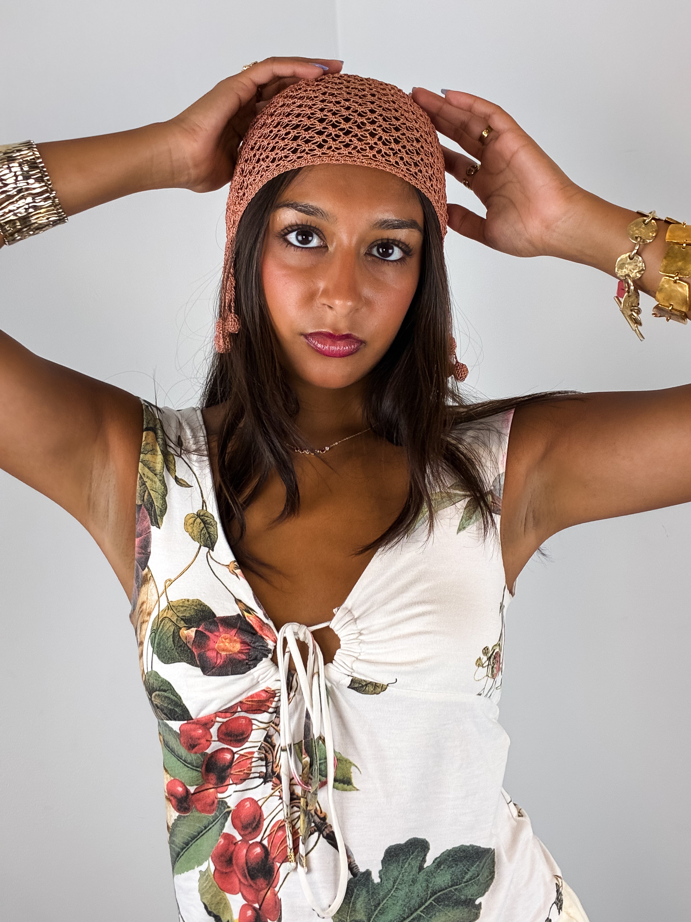 Vintage Terracotta Crochet Tassel Cloche Cap - One Size