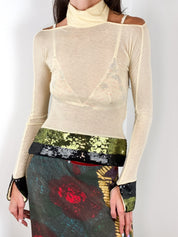 Voyage 2000s Cream Sequin-Trim Cut-Out Shoulder Turtleneck - XS