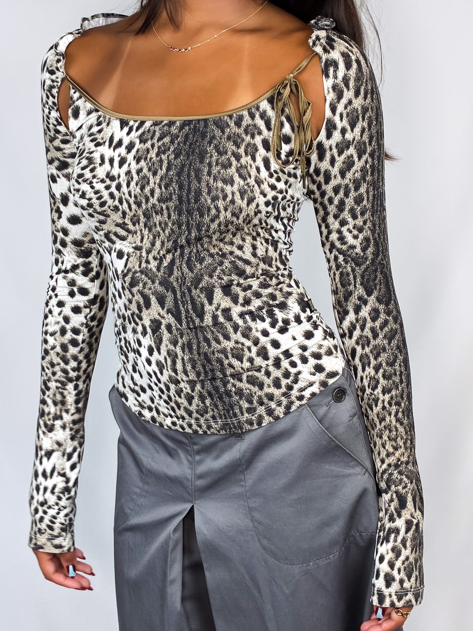 Just Cavalli 2000s Snow Leopard Print Gold-Trim Stretch Top - S