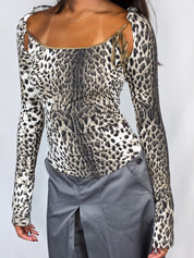 Just Cavalli 2000s Snow Leopard Print Gold-Trim Stretch Top - S