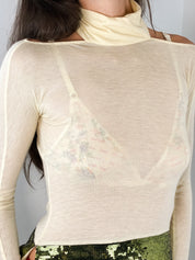 Voyage 2000s Cream Sequin-Trim Cut-Out Shoulder Turtleneck - XS