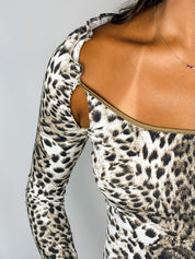 Just Cavalli 2000s Snow Leopard Print Gold-Trim Stretch Top - S