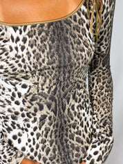 Just Cavalli 2000s Snow Leopard Print Gold-Trim Stretch Top - S