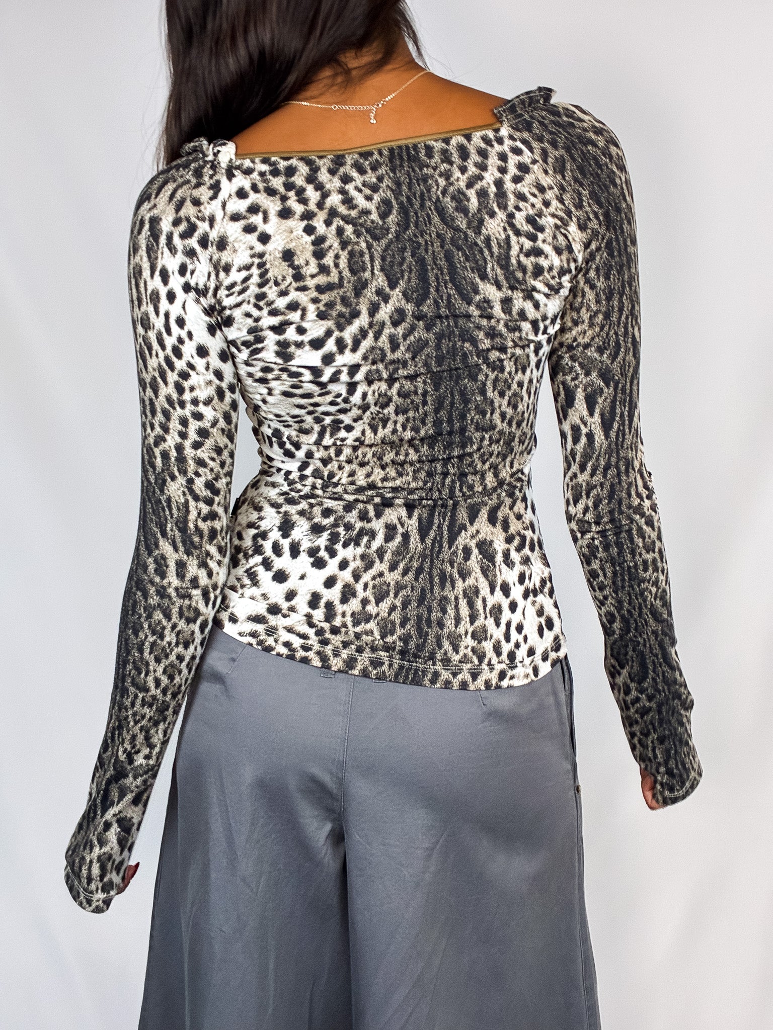 Just Cavalli 2000s Snow Leopard Print Gold-Trim Stretch Top - S