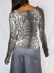 Just Cavalli 2000s Snow Leopard Print Gold-Trim Stretch Top - S