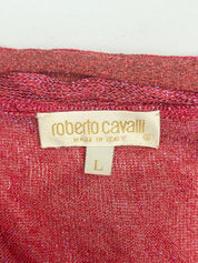 Roberto Cavalli 2000s Red Iridescent Metallic Knit Ruffle Tie-Front Top - L