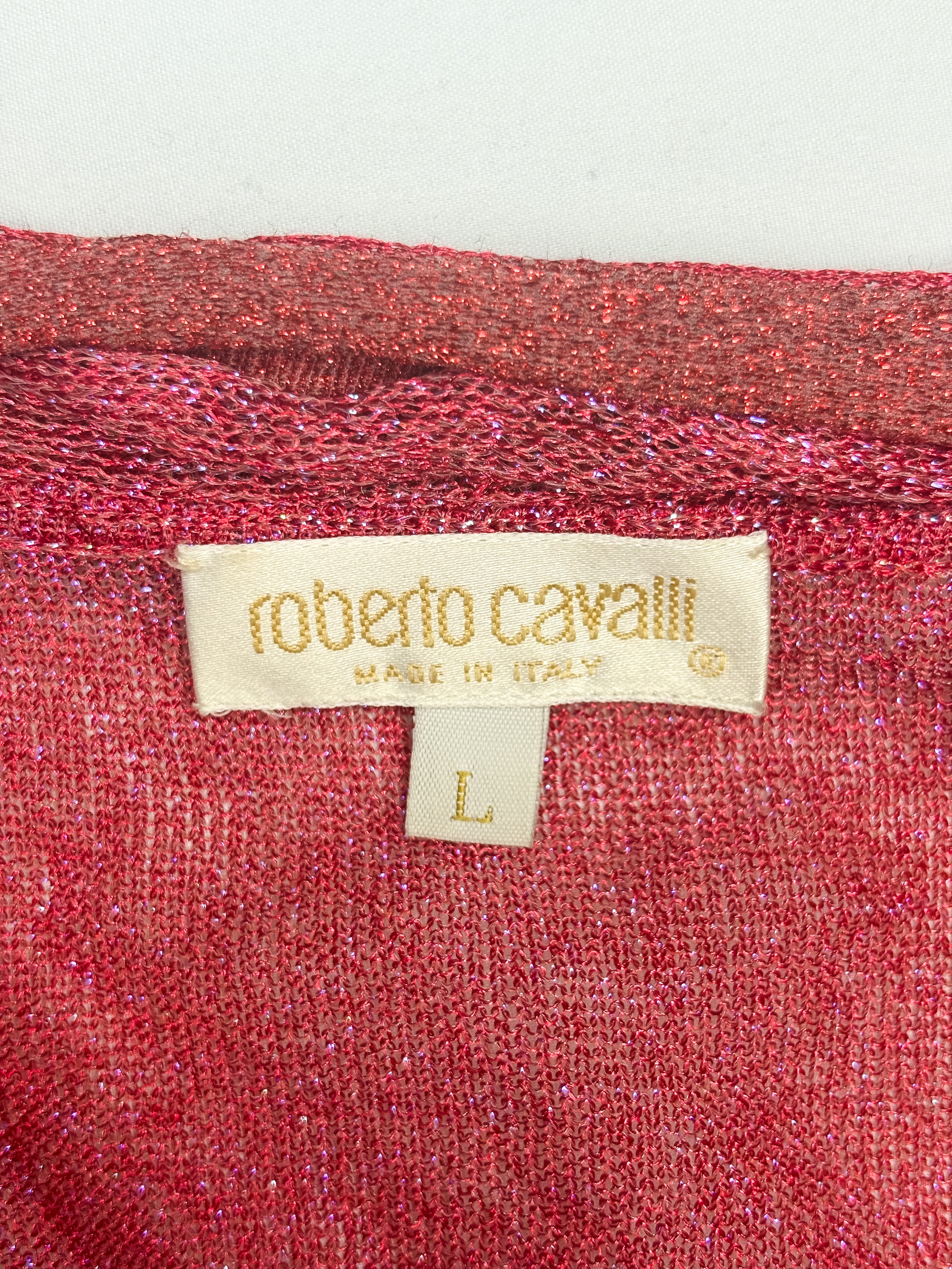 Roberto Cavalli 2000s Red Iridescent Metallic Knit Ruffle Tie-Front Top - L