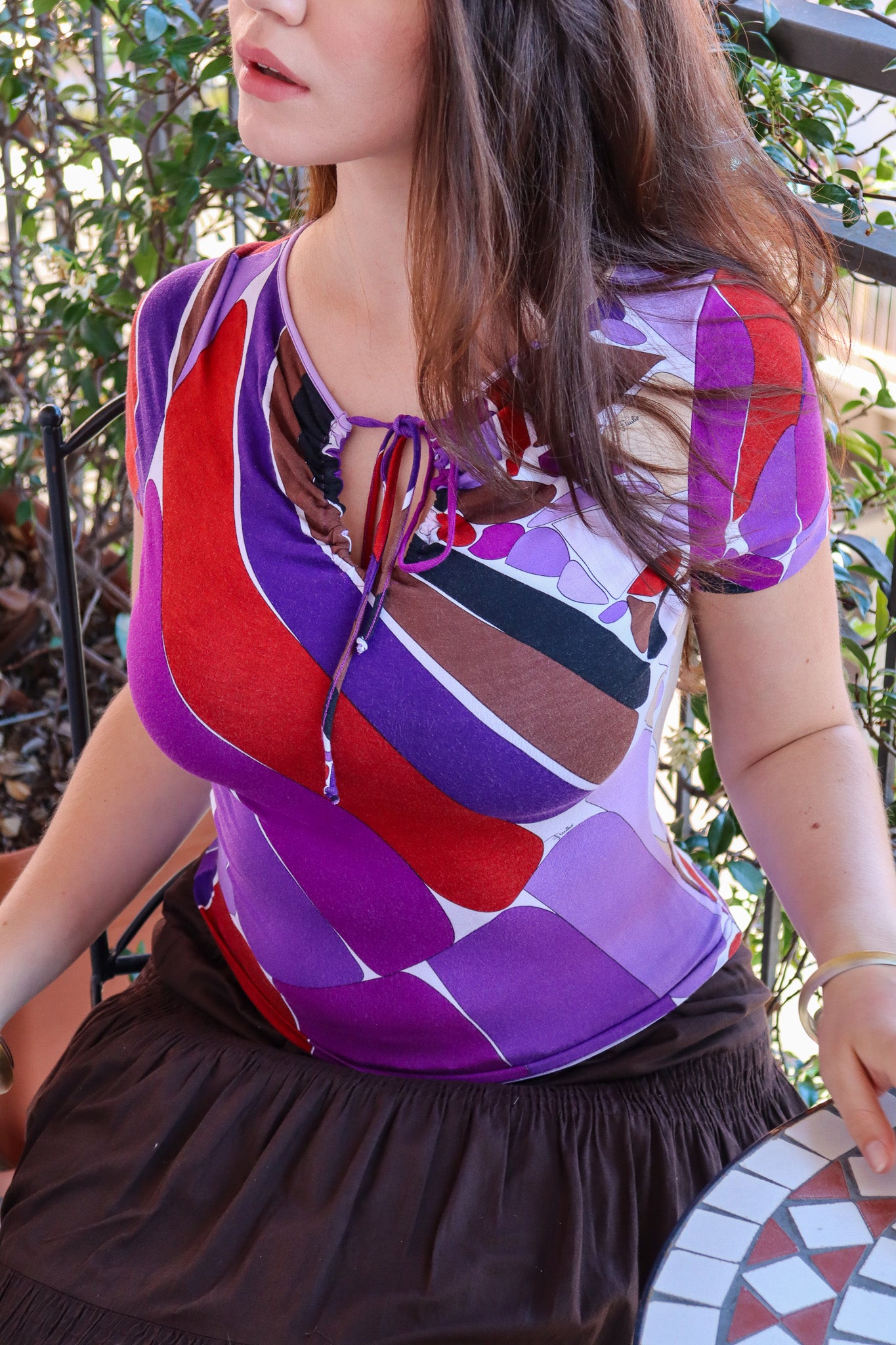 Emilio Pucci 2000s Purple Abstract Print Ruched Drawstring Top