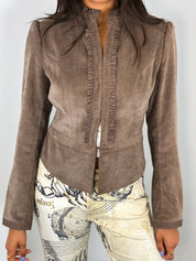 2000s Taupe Faux Suede Ruffle-Trim Jacket - S