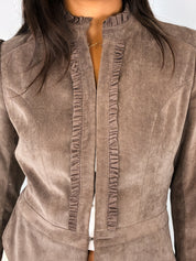 2000s Taupe Faux Suede Ruffle-Trim Jacket - S