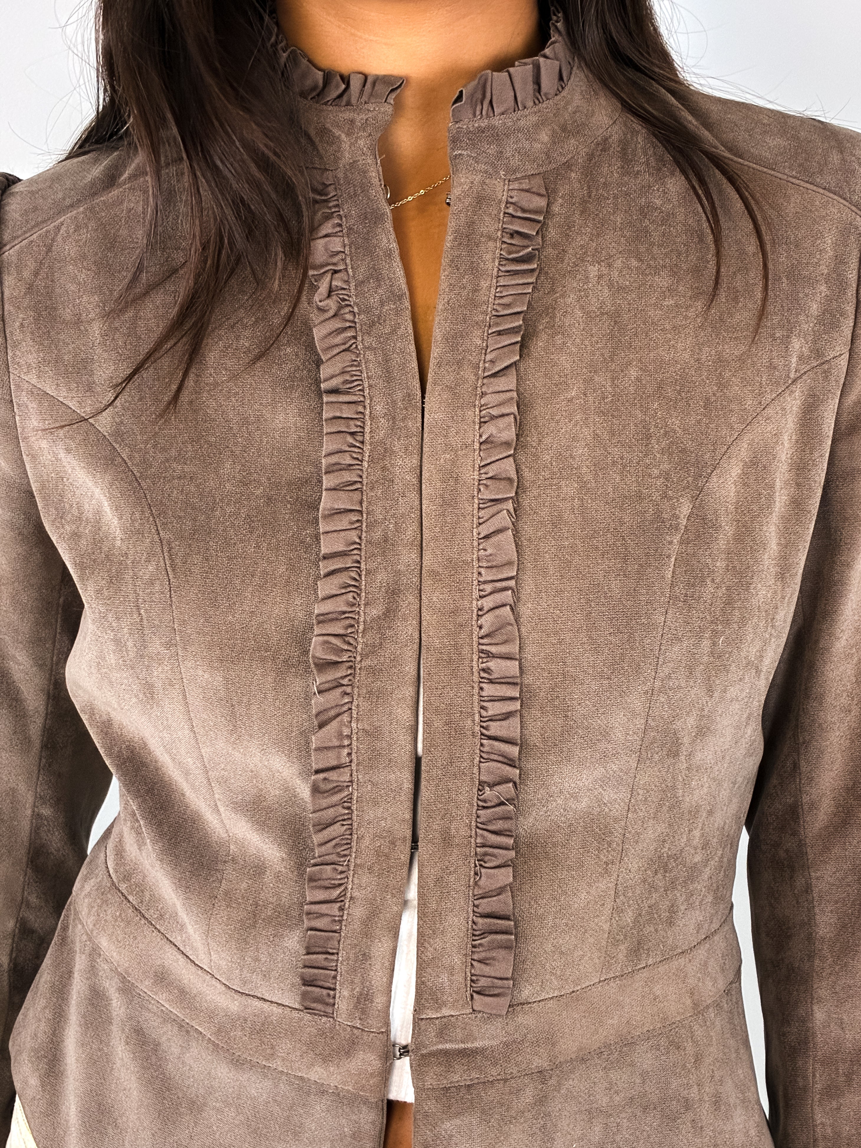 2000s Taupe Faux Suede Ruffle-Trim Jacket - S
